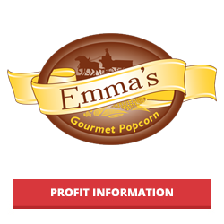 Emma's Gourmet Popcorn logo with profit information for Tasty Choices Fundraising